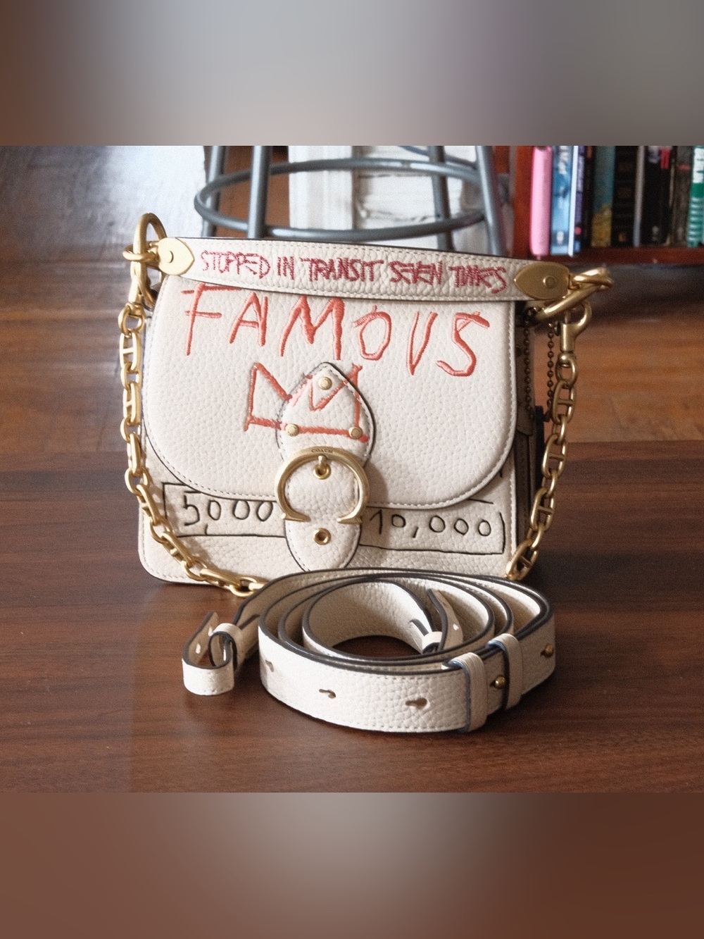 Coach Basquiat White Leather 'FAMOUS' Graffiti Beat bag with Gold Chain